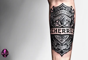 "Cheers Mate" text black and grey ink armband +abstract +grey Cancer Ribbon tattoo idea