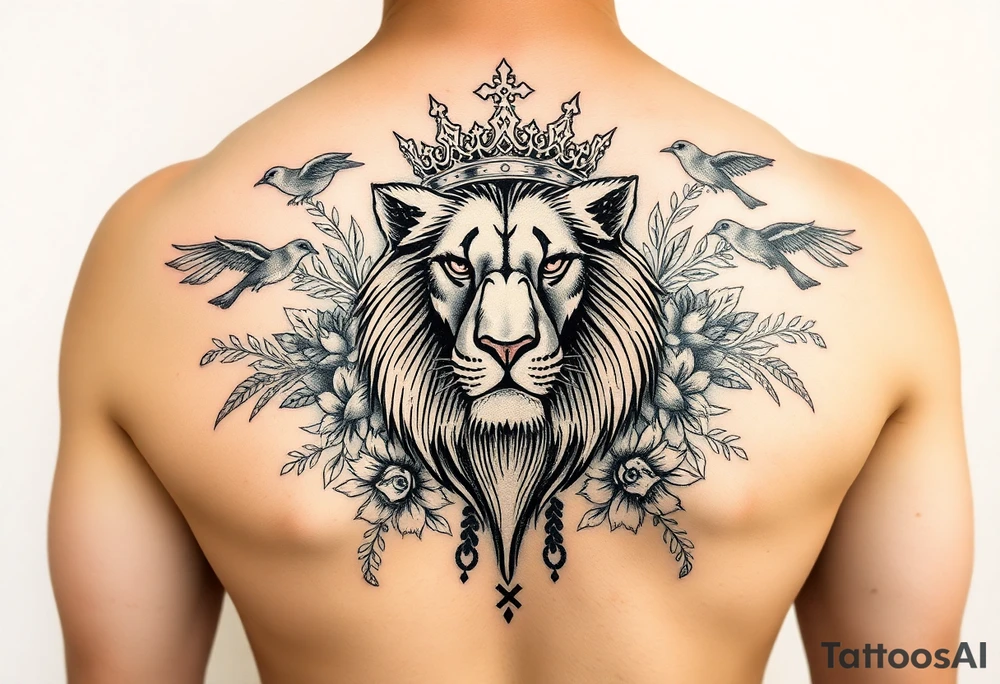 powerful majestic lion with a crown, surrounded by floral ornaments and birds tattoo idea