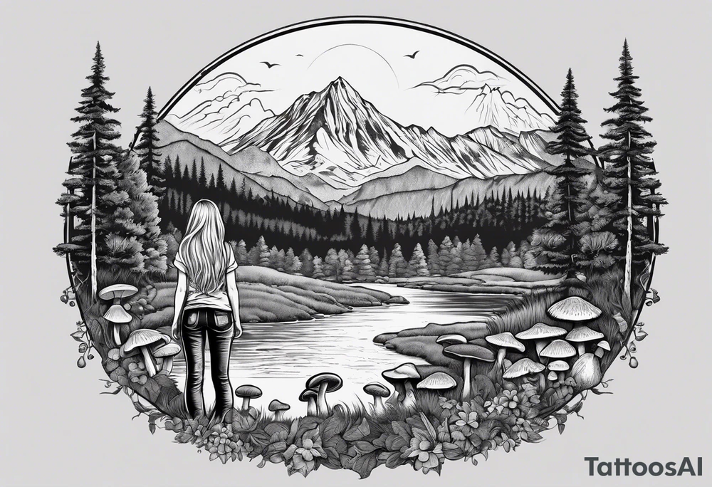 Whole picture encircled fully

Straight long blonde hair hippie girl in distance holding mushrooms in hand facing away toward mountains and creek surrounded by mushrooms tee shirt and hiking pants; whole rendering within a full circle, no cut off circle tattoo idea