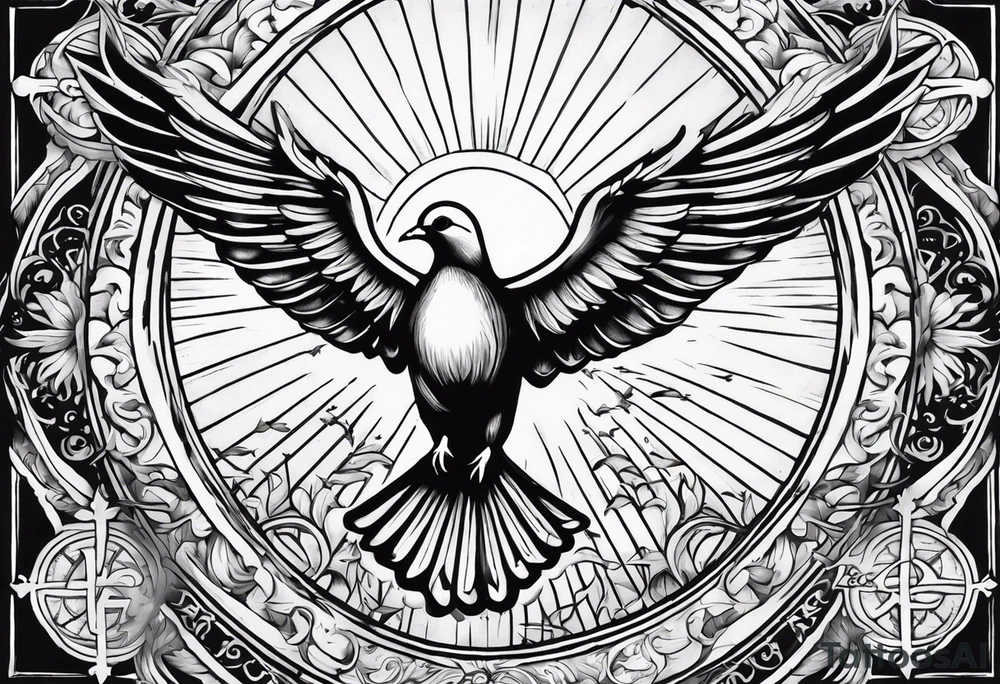Cross with doves and rays of a sun with the date 08/21/2024 tattoo idea