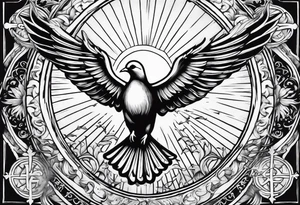 Cross with doves and rays of a sun with the date 08/21/2024 tattoo idea