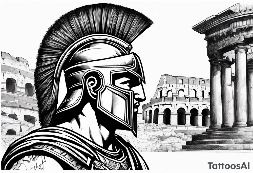 Side profile of spartan soilder with Roman buildings tattoo idea