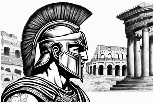 Side profile of spartan soilder with Roman buildings tattoo idea