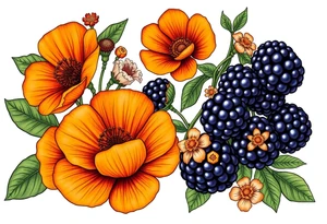 California wildflowers, poppies, and an actual orange fruit and orange blossoms. Blackberries plant/flower. tattoo idea
