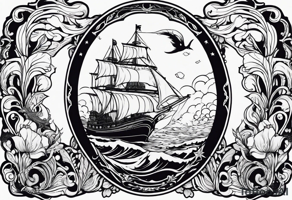 mermaid with galleon ship tattoo idea
