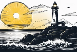 Farol no oceano em mar agitado bem delicado com a luz amarela tattoo idea