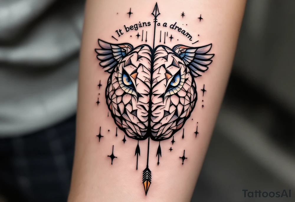 A brain in geometric and straight lines, with few watercolor details but mostly black, symbols representing intelligence, creativity and dreaming flying arround, the phrase "It begins with a dream", vertical owl wings behind and delicate, and an arrow crossing from above with watercolors leaking from it tattoo idea