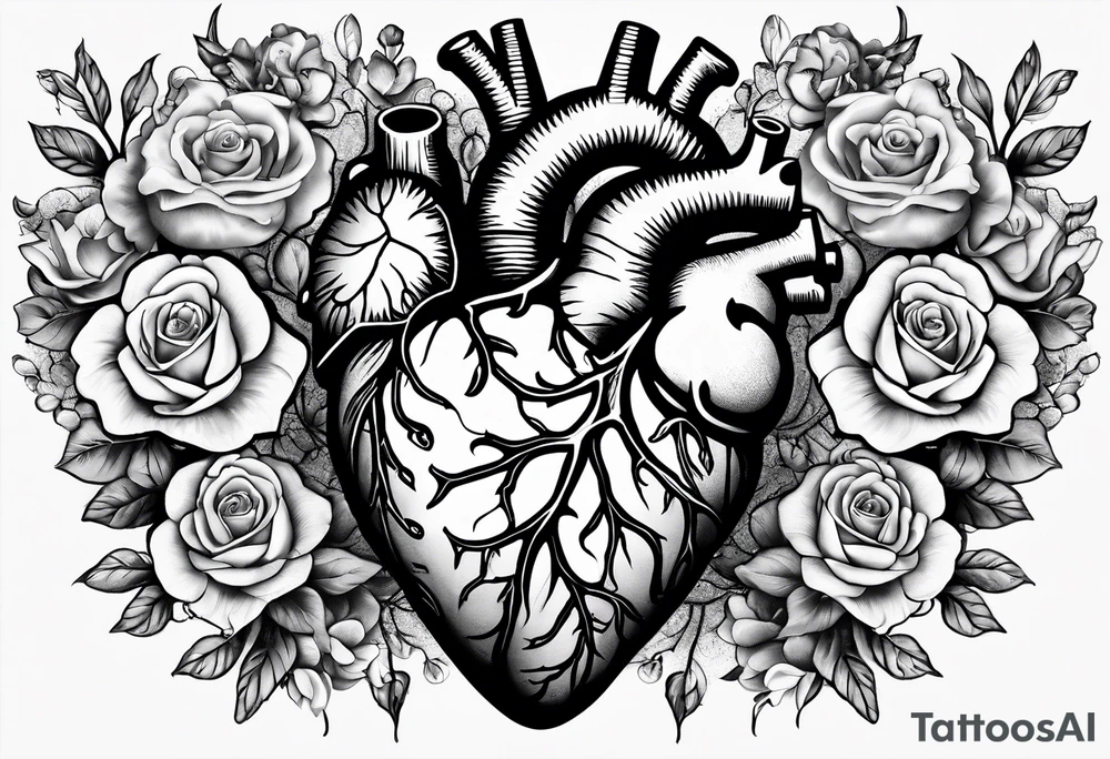 Cracking Anatomical heart with roses, violets, and daises coming out of the top of the heart with roots coming through the cracks to hold the heart together tattoo idea