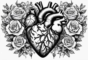 Cracking Anatomical heart with roses, violets, and daises coming out of the top of the heart with roots coming through the cracks to hold the heart together tattoo idea
