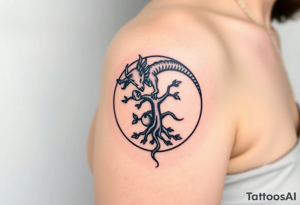 a dragon forming a circle with its body.  the dragon encircles the tree of life.   the tree of life has fruit  and the dragon is eating the fruit. the roots of the tree are strangling the tail of the dragon tattoo idea