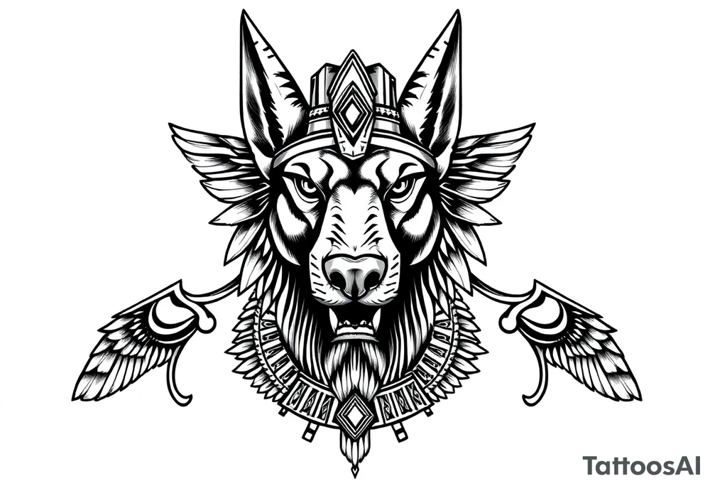 Egyptian Anubis god powerful face muscle in Egypt style with mantle on head dog face surrounded Egyptian symbols tattoo idea