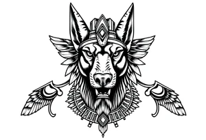 Egyptian Anubis god powerful face muscle in Egypt style with mantle on head dog face surrounded Egyptian symbols tattoo idea