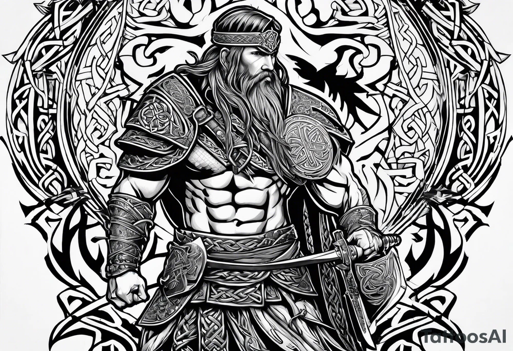 full shot of a Celtic warrior with weapons unsheathed tattoo idea
