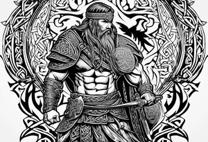 full shot of a Celtic warrior with weapons unsheathed tattoo idea