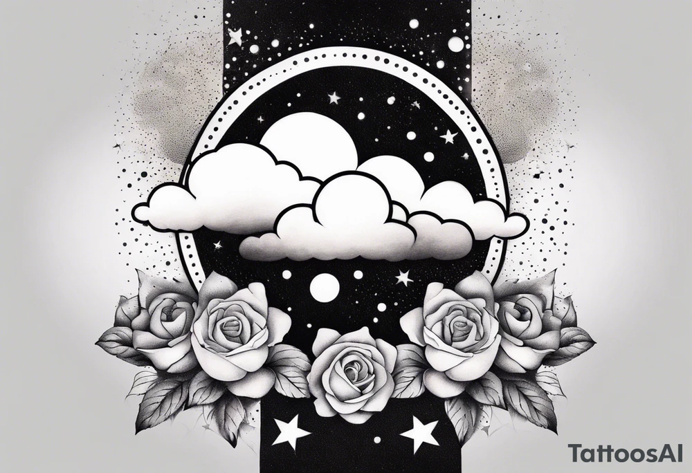 Clouds with tesseract inside and small roses and stars around it tattoo idea