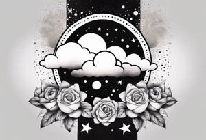 Clouds with tesseract inside and small roses and stars around it tattoo idea