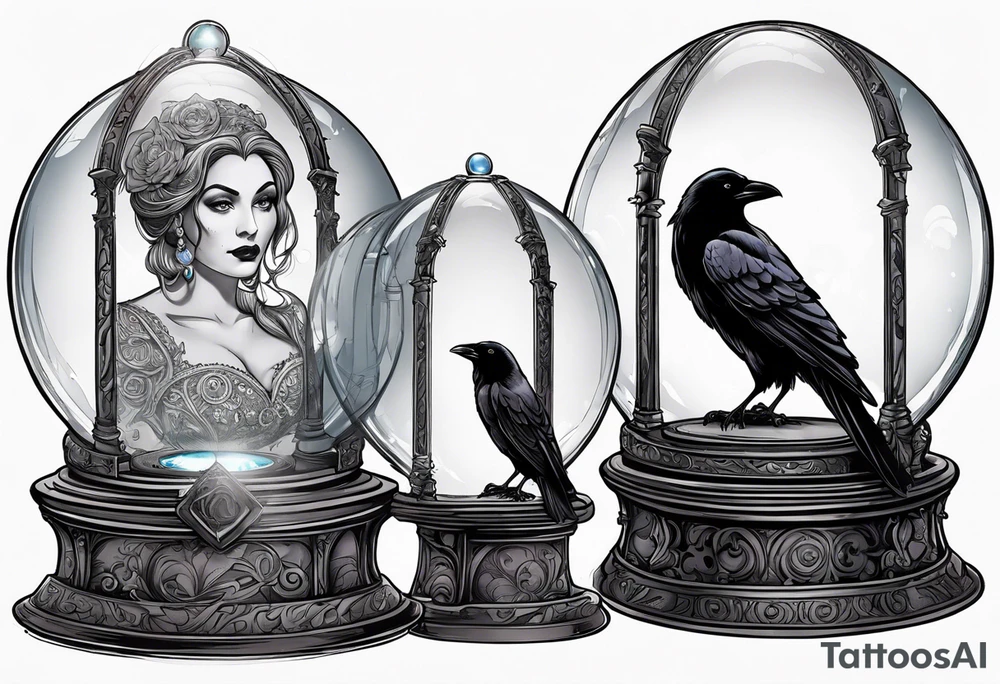 Madame leota in crystal ball on gothic stand with raven at side tattoo idea