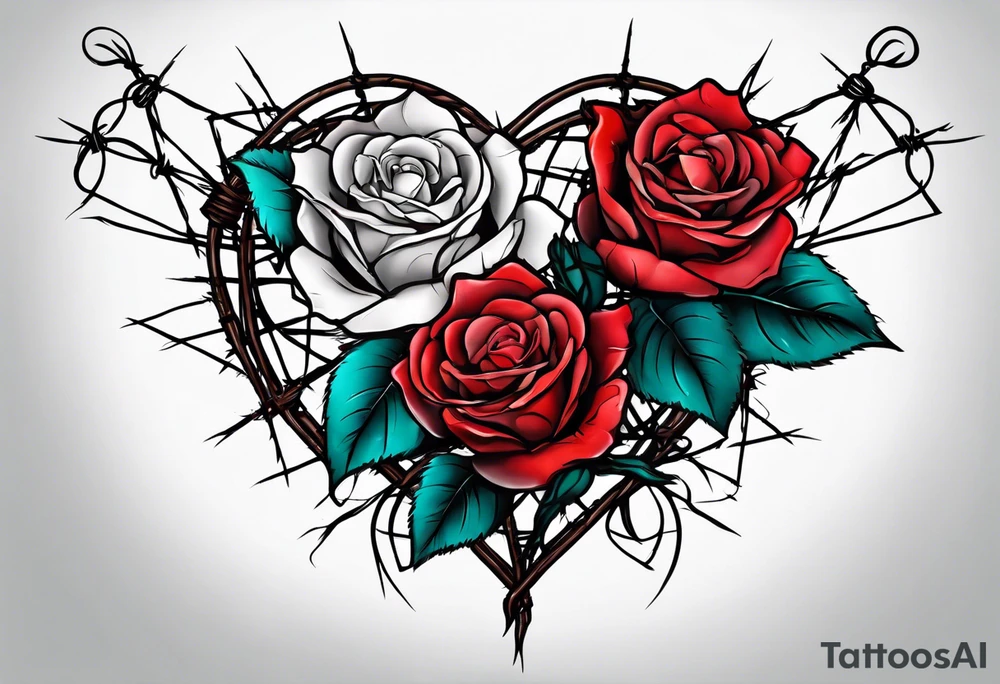 Two roses with barbed wire wrapped around them and a broken heart tattoo idea