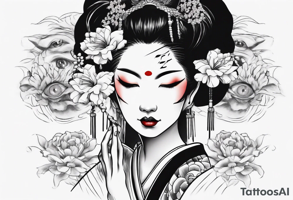 geisha face with two eyes closed with her hands and third realistic eye looking at you tattoo idea