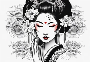 geisha face with two eyes closed with her hands and third realistic eye looking at you tattoo idea