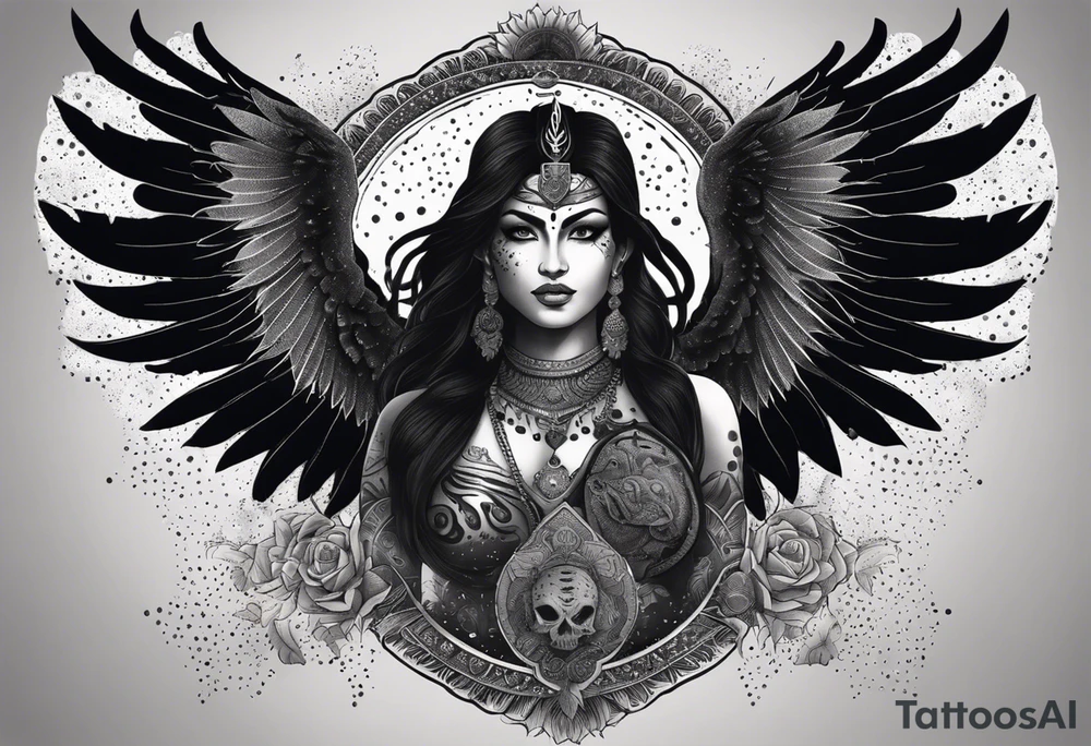 black kali, goddess pirate, alien, angel, pachamama, valkrye, warrior, flying, skull, lotus azul, wing, eagle, zenza resonance, stars, 5D, anahata chakra, death, durga, riding on a tiger, flying lady, kundalini, chest tatoo, samuri, rebel,serpent tattoo idea