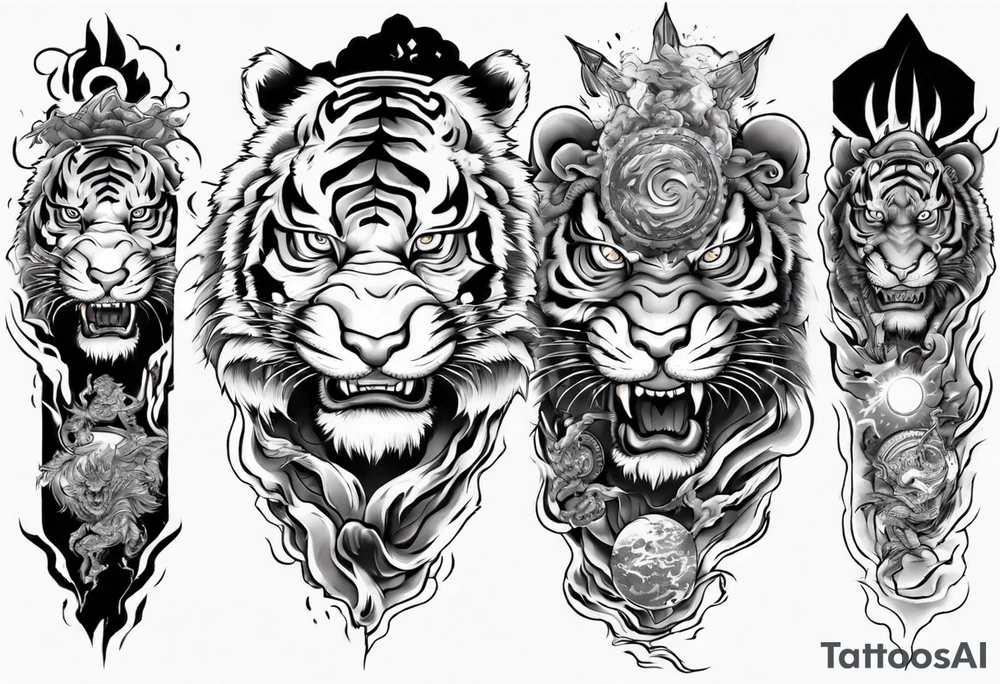 tiger warrior with lightning and the sun for a forearm sleeve tattoo idea