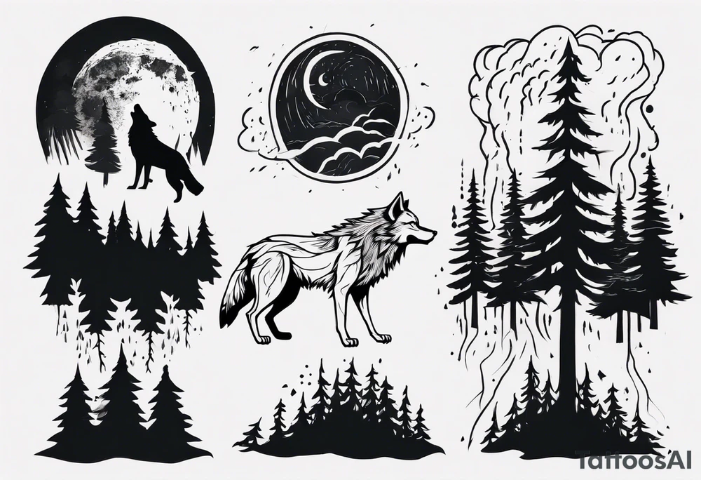 a thunderstorm over a forest and a wolf howling tattoo idea a thunderstorm over a forest and a wolf howling tattoo idea