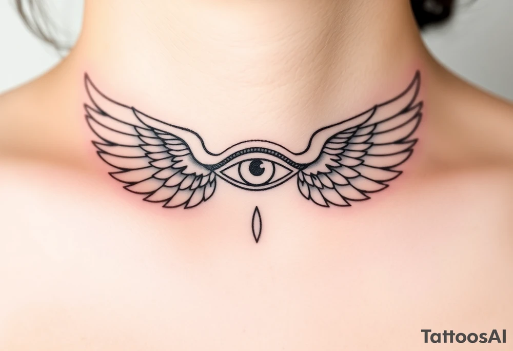 A divine Eye of Horus surrounded by angelic wings, in soft gold and pearl white, symbolizing celestial guidance tattoo idea