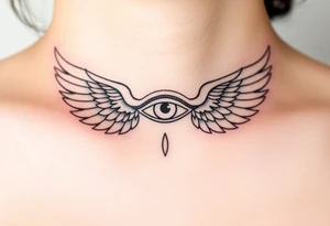 A divine Eye of Horus surrounded by angelic wings, in soft gold and pearl white, symbolizing celestial guidance tattoo idea