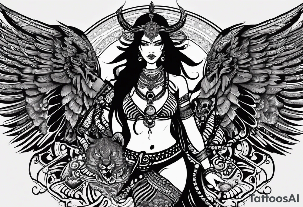 black kali, goddess pirate, alien, angel, pachamama, valkrye, warrior, flying, skull, lotus azul, wing, eagle, zenza resonance, stars, 5D, anahata chakra, death, durga, riding on a tiger, flying lady tattoo idea