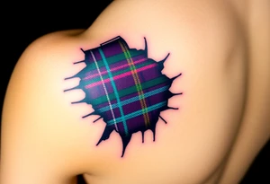 Dark Purple with green pink blue and white highlights tartan fabric on bicep with skin ripping away to reveal tartan underneath tattoo idea