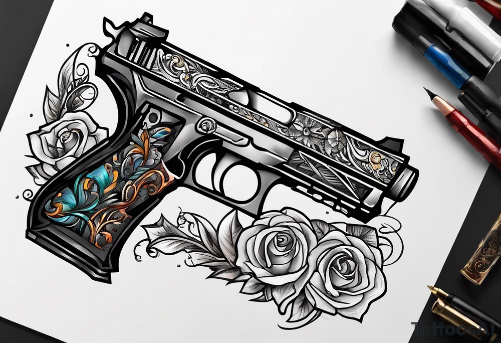 The letters AR with a pistol on each side and the word always on the top and the word ready on the bottom tattoo idea