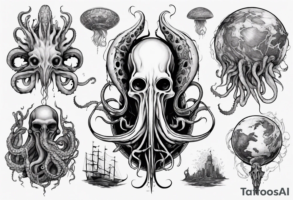 a tattoo on the theme of lovecraft, with tentacles that embrace the earth tattoo idea