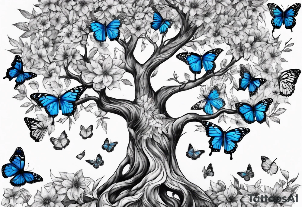 Tree of life with blue monarch butterflies tattoo idea