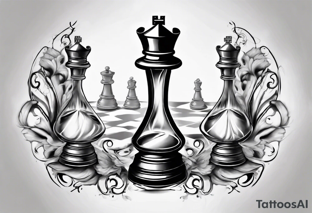hourglass in the shape of a chess peace with filagree in the background tattoo idea