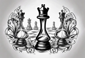 hourglass in the shape of a chess peace with filagree in the background tattoo idea