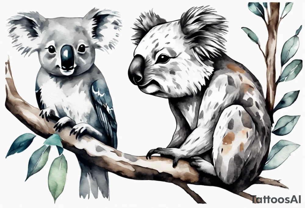 A koala with a kookaburra sitting on a eucalyptus tree tattoo idea