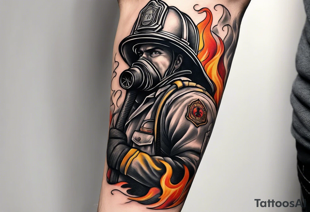 A forearm tattoo that includes firefighter hose tattoo idea