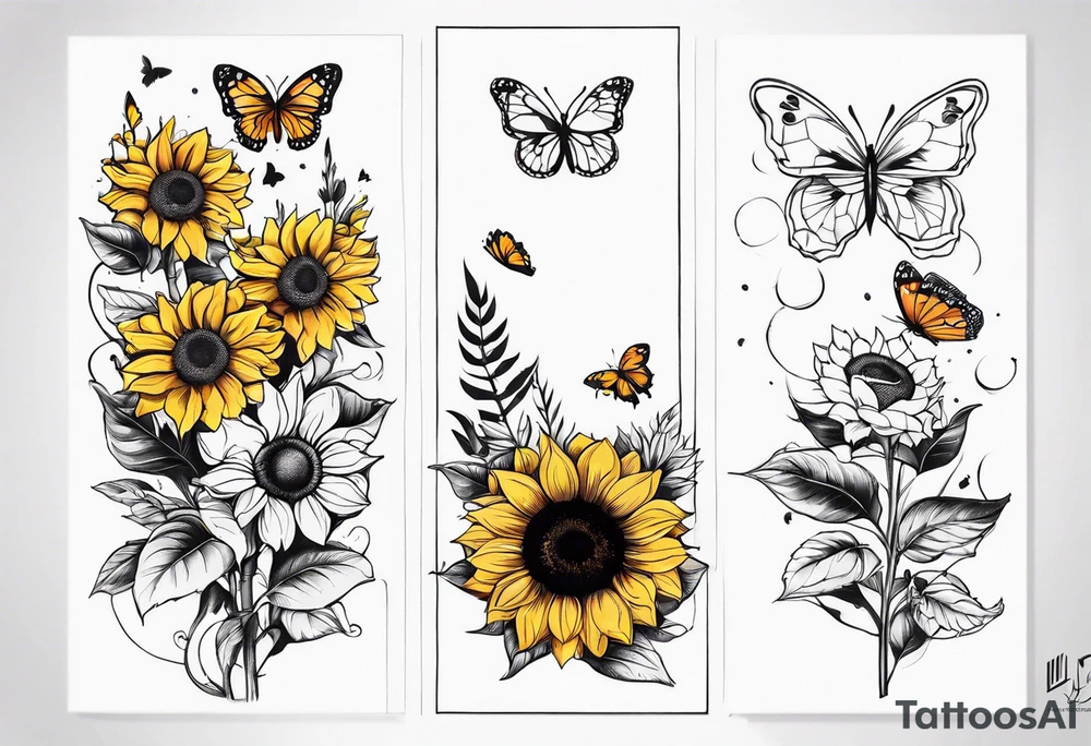 Arm sleeve with sunflowers and butterflies tattoo idea