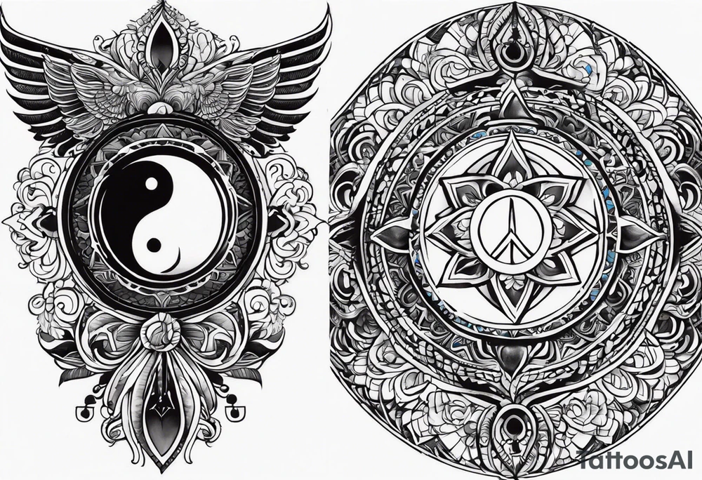 a tattoo whose main theme is balance but also resembles new begining, strong willpower, peace and loyalty. This should be for the front part of the shoulder. maybe add the ying-yang symbol somewhere in the tattoo. Tattoo should have an equal amount of blue and red along with the overall tattoo being black tattoo idea
