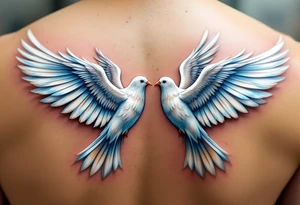 A pair of 3D dove with outstretched wings, their feathers detailed in soft whites and subtle blues, symbolizing peace and unity. tattoo idea