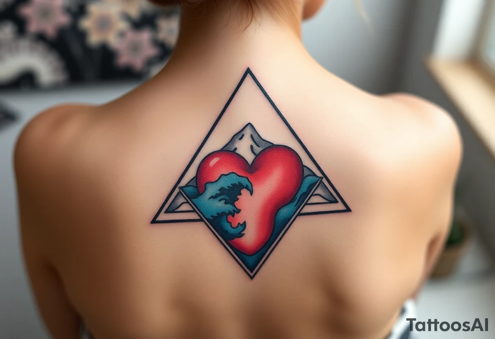 A triangle with a big heart in the center with an ocean mountain theme tattoo idea
