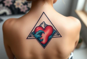 A triangle with a big heart in the center with an ocean mountain theme tattoo idea
