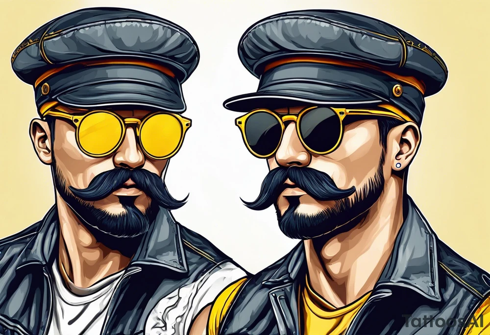 Attractive Male with yellow flat bill hat, mustache, round sunglasses, tools tattoo idea