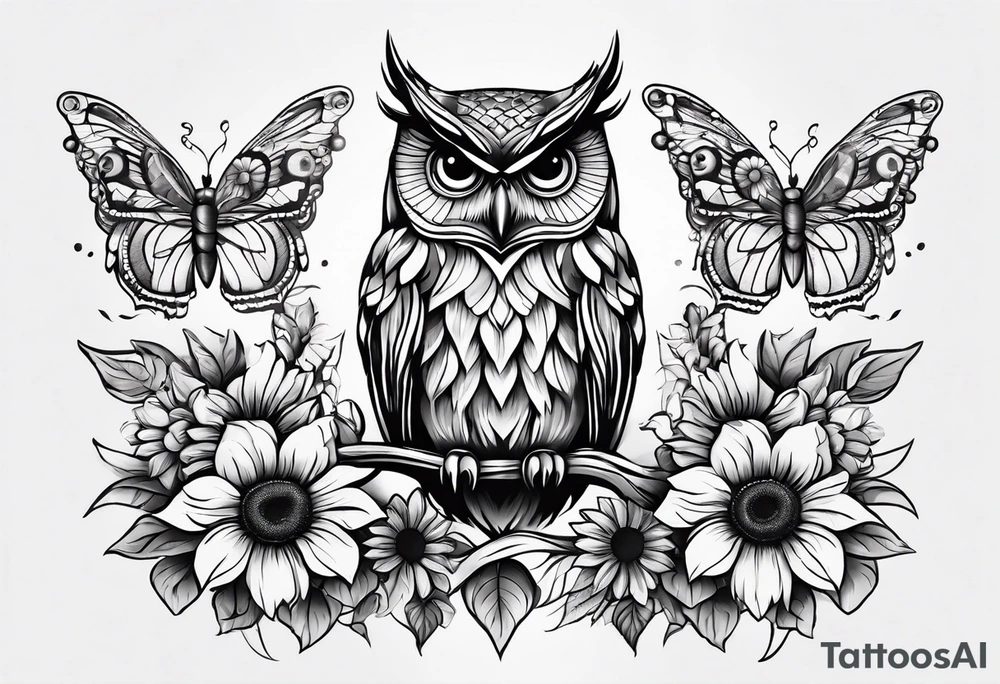Small owl with sunflowers and butterflies arm sleeve tattoo idea