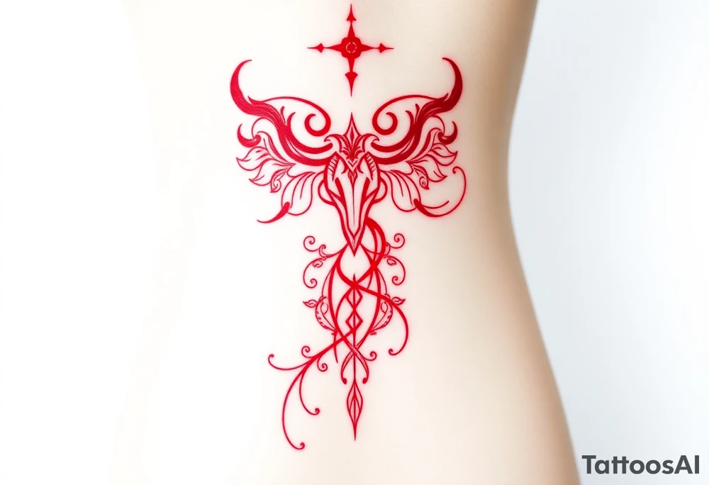 Tattoo that combines the star sign Taurus and Libra ,in red , down the spine tattoo idea