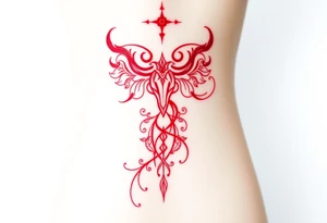 Tattoo that combines the star sign Taurus and Libra ,in red , down the spine tattoo idea