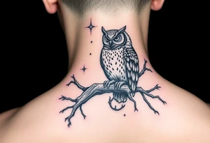 wise owl perched on ancient oak branch under starlit sky tattoo idea