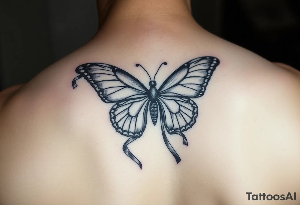ethereal butterfly with flowing silk ribbons in moonlight tattoo idea
