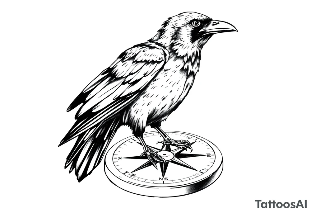 a raven stands on a compass. tattoo idea
